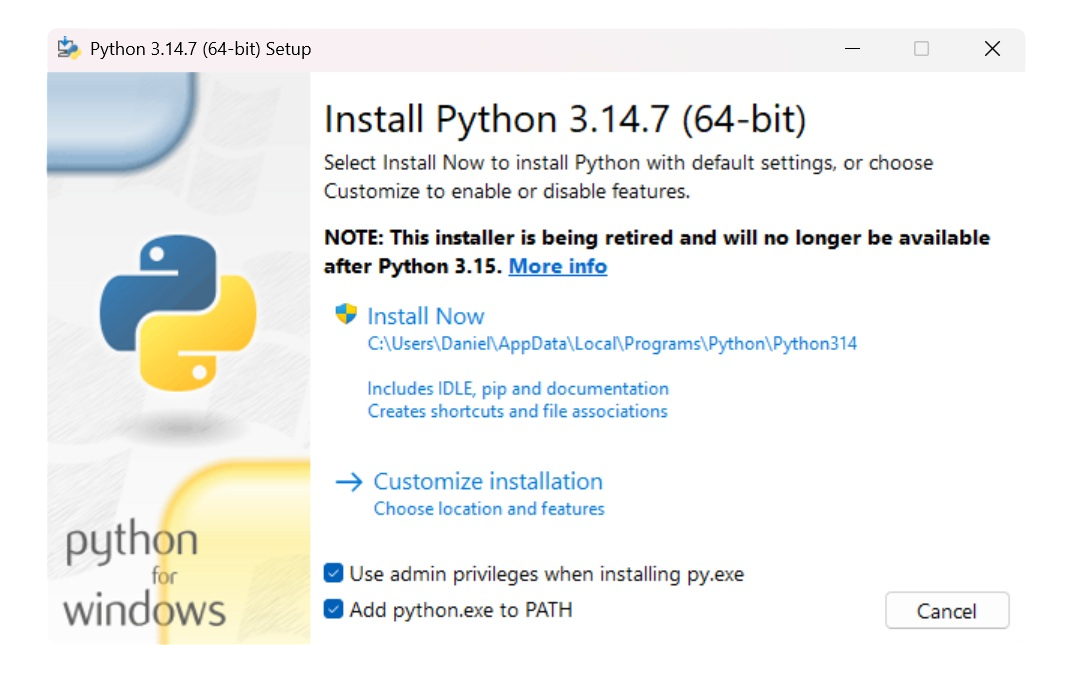 Instalador de Python para Windows con la opción Add python.exe to PATH activada